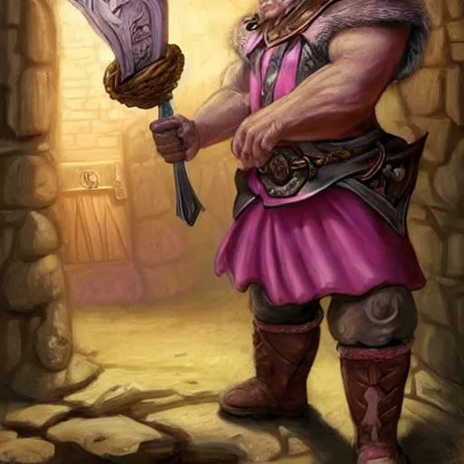 Image similar to male dwarfish cleric wearing only boots and a pink skirt, holding a holy symbol, he is preaching, he looks like he is insane. the background is a friendly tavern. The mood is friendly and welcoming. dungeons and dragons, highly detailed, digital painting, artstation, concept art, sharp focus, illustration, art by Josh kirby and John romita jr and moebius