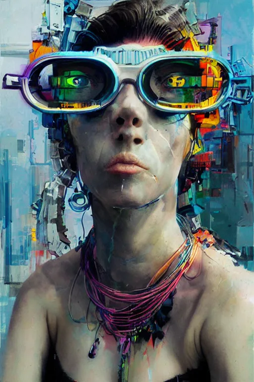 Image similar to portrait, headshot, digital painting, an delightfully crazy, wholesome techno - shaman lady, techno goggles, synthwave, glitch, fracture, realistic, hyperdetailed, chiaroscuro, concept art, art by john berkey