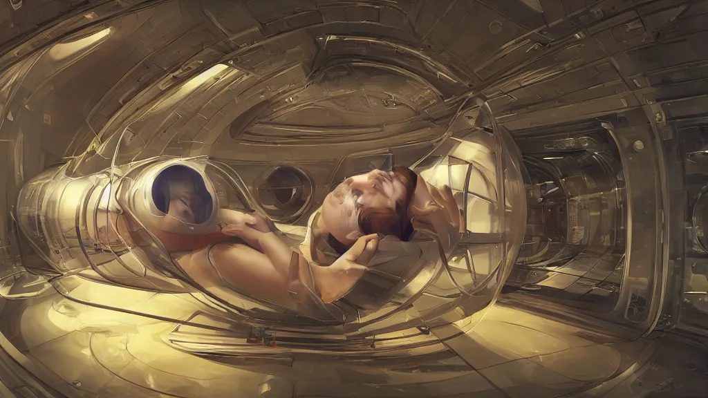 Prompt: a wide angle view of woman in a hyper sleep chamber in a spaceship, on a long journey to jupiter, highly detailed, artistic composition, sharp focus, intricate concept art, digital painting, dramatic lighting