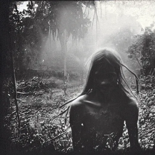 Prompt: an ancient demon-girl devouring the souls of the human kind on an abandoned house, Colombian jungle, mist, 1910 polaroid photography, grainy film, resident evil, Black and white