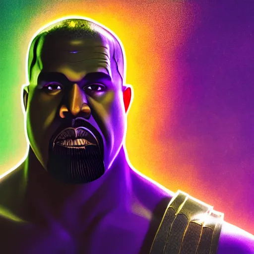 Image similar to Portrait of Kanye West as thanos, splash art, movie still, cinematic lighting, dramatic, octane render, long lens, shallow depth of field, bokeh, anamorphic lens flare, 8k, hyper detailed, 35mm film grain