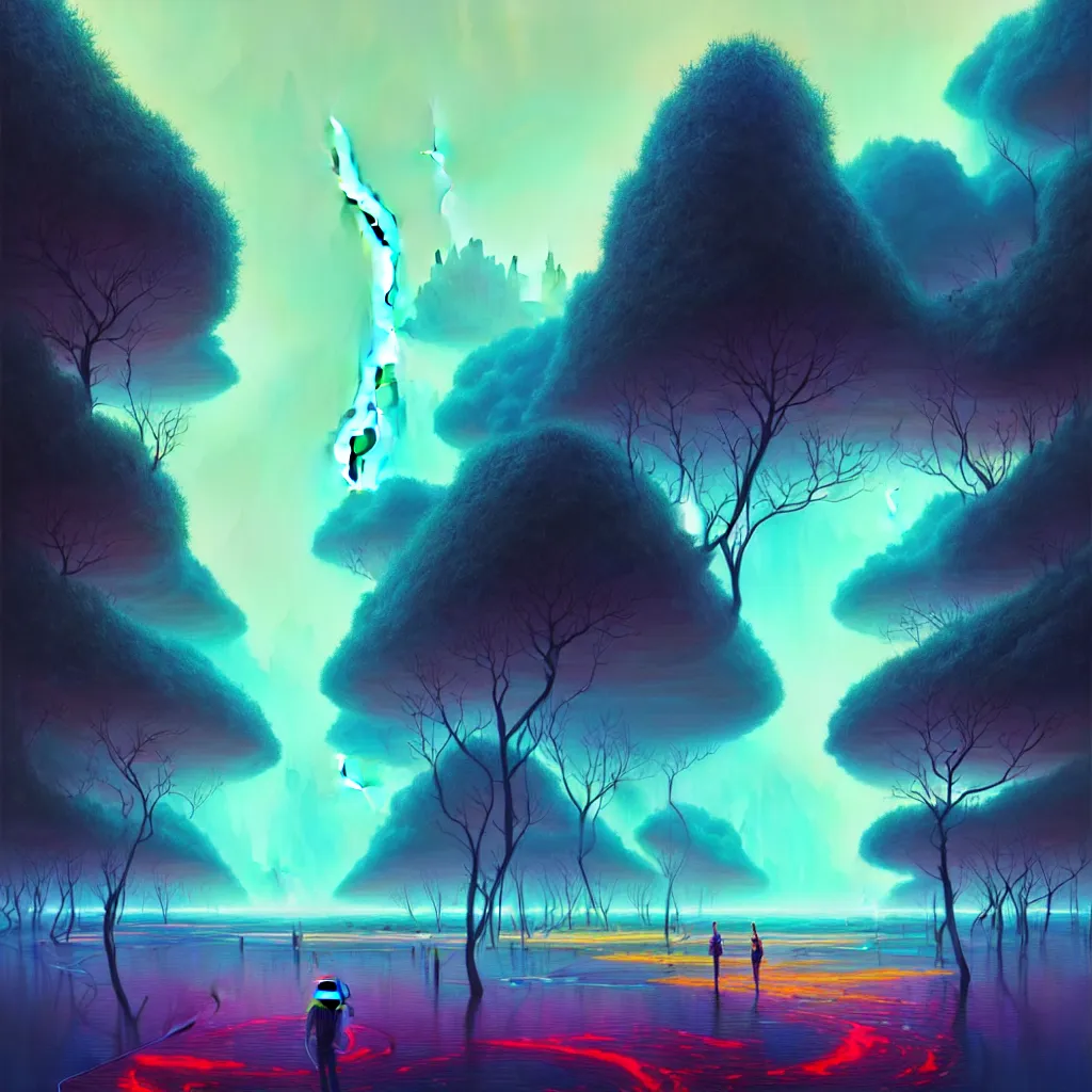 Image similar to a data-center, connector, firewall, security, river, trees, thunderstorm, trending on Artstation, painting by Jules Julien, Leslie David and Lisa Frank and Peter Mohrbacher and Alena Aenami and Dave LaChapelle muted colors with minimalism