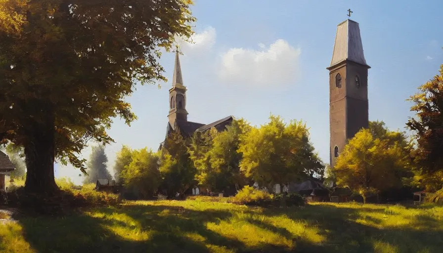 Prompt: oil painting, midwest town, sunny day, sun behind church tower, square, trees, volumetric light, hyperdetailed, artstation, cgsociety, 8 k