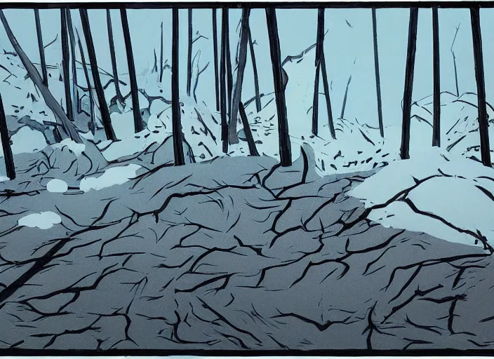 Image similar to stark minimalist charred wooded snowdrift landscape by bill watterson from mulan ( 1 9 9 8 )