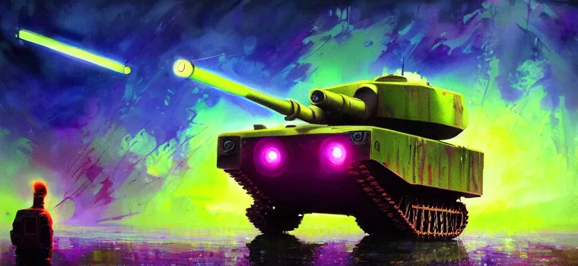 Prompt: beautiful masterpiece painting of a food truck army tank in a future radioactive glowing swamp, halo vehicle, grunge cyberpunk, by Remedios Varo and Anato Finnstark and Greg Rutkowski, dayglo pink, dayglo blue, by Craig Mullins, ilya kuvshinov, krenz cushart, artgerm, 8k, trending on ArtStation