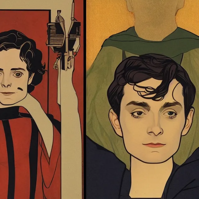 Image similar to a portrait of elijah wood, art by thomas cooper gotch and patrick nagel and erte, star wars art deco, art nouveau