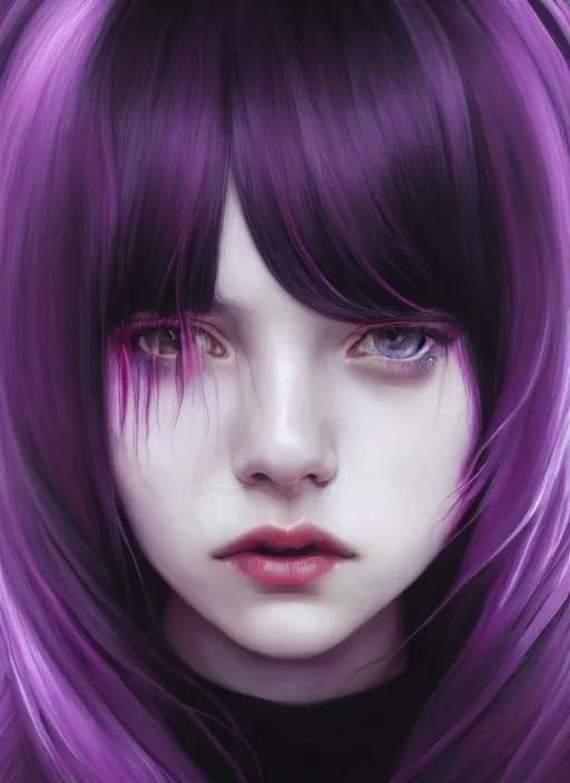 Image similar to portrait of teenage girl, red irises, bangs, black and white hair, white bangs, purple clothes, white bangs, bangs, black hair and white bangs, intricate, elegant, glowing lights, highly detailed, digital painting, artstation, concept art, smooth, sharp focus, illustration, art by wlop, mars ravelo and greg rutkowski