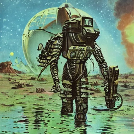 Prompt: armored squad in the acid swamps of venus, vintage, 1 9 5 0 s sci - fi art, by ed emschwiller