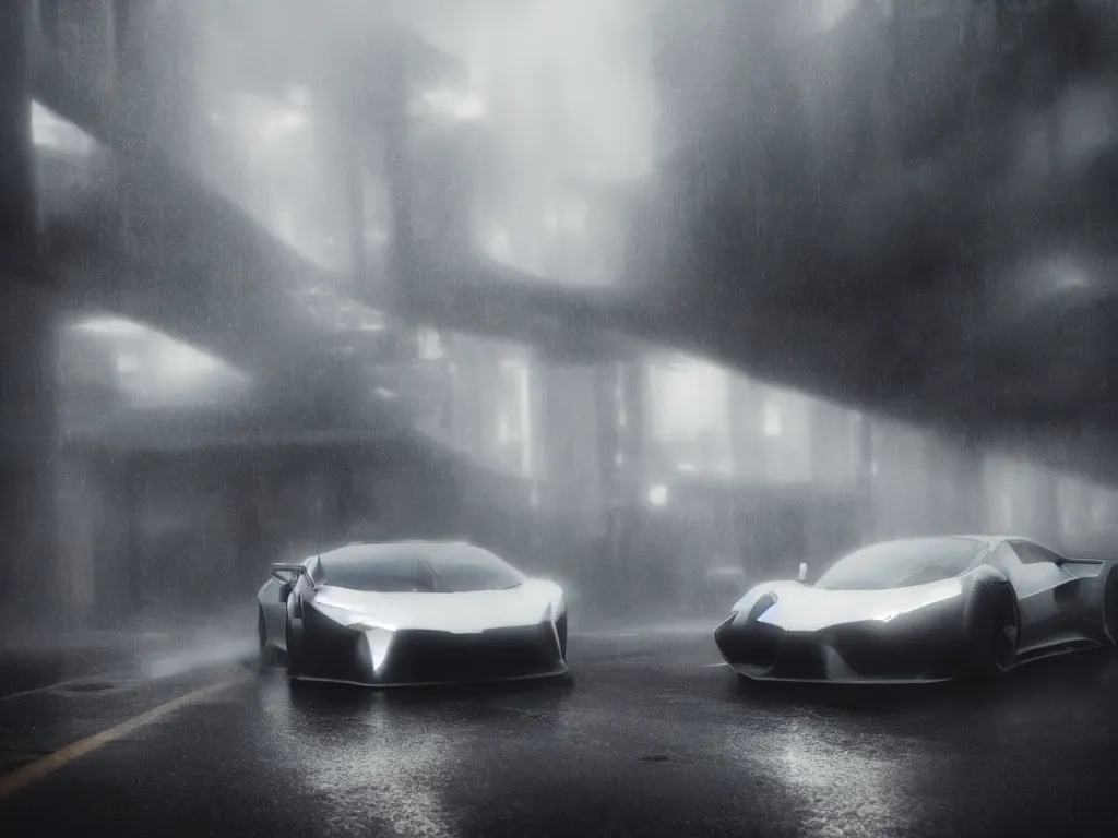 Image similar to telephoto portrait of a Futuristic supercar on wet city streets, mist, dramatic lighting, high contrast, volumetric lighting, octane, cyberpunk