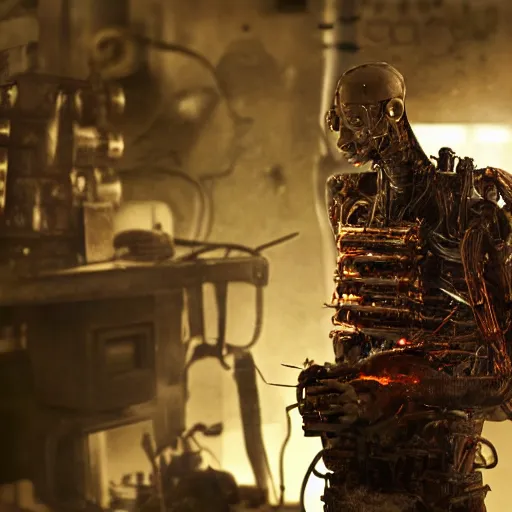 Prompt: intricate object made of rusted old egg beater and forks and knives, balding older cyborg repairing, red hot soldering iron, dark messy smoke - filled cluttered workshop, dark, dramatic lighting, cinematic, highly detailed, sci - fi, futuristic, movie still from blade runner