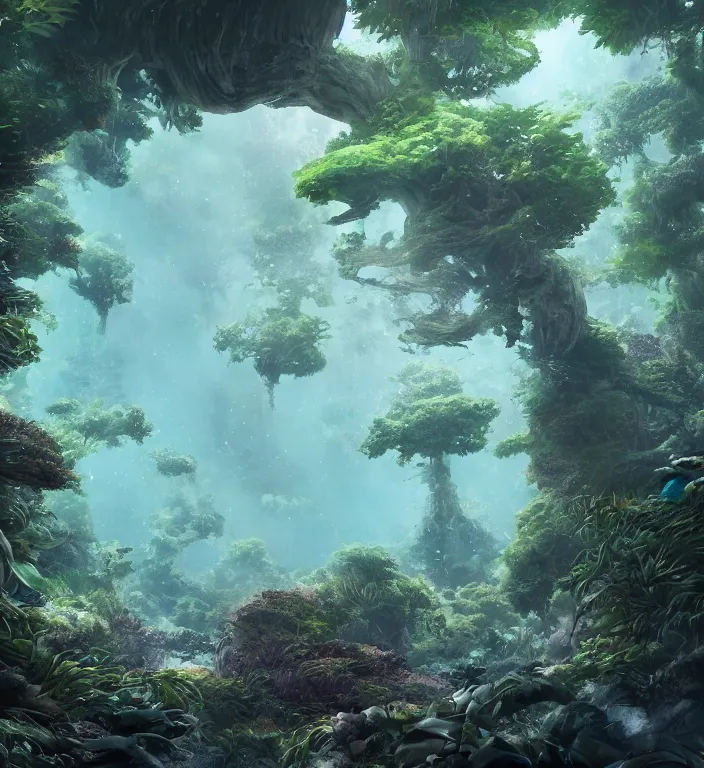 Image similar to a forest underwater, studio ghibli, au naturel, hyper detailed, digital art, trending in artstation, cinematic lighting, studio quality, smooth render, unreal engine 5 rendered, octane rendered