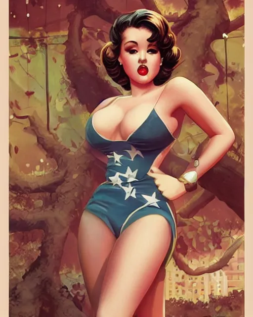 Image similar to Pop idol full body pin up modeling in pop-idol unioform, with a park in the back ground, post war style, detailed face, american postcard art style, by Krenz Cushart and Randolph Stanley Hewton and Charlie Bowater