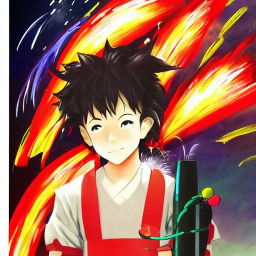 Image similar to portrait of a boy with fireworks in his foot, anime fantasy illustration by tomoyuki yamasaki, kyoto studio, madhouse, ufotable, trending on artstation