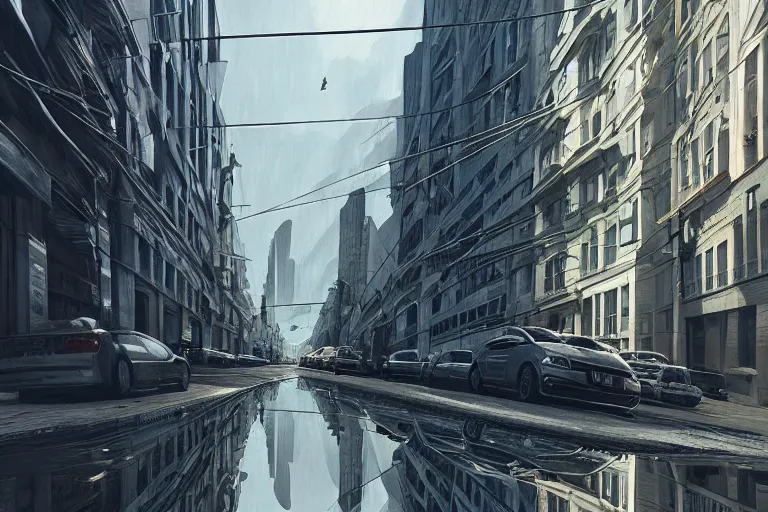 Prompt: urban street bended and transformed like in inception, highly detailed, photorealistic, reflections, smooth, sharp focus, concept art, illustration, beautiful, geometric, trending on artstation, cinematic, featured on behance , artwork by WLOP and Tran, Ross