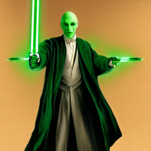 Image similar to voldemort with a green lightsaber