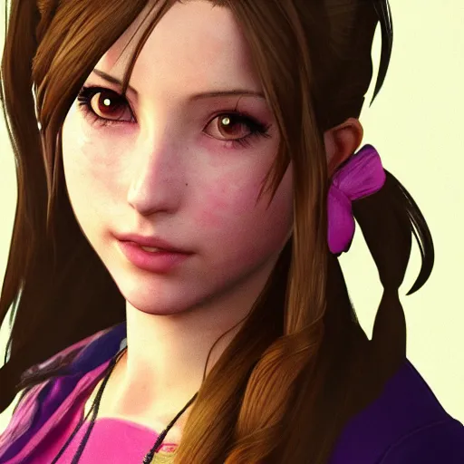 Image similar to mid-close portrait of Aerith Gainsborough in the style of GTA-5 loading screen art