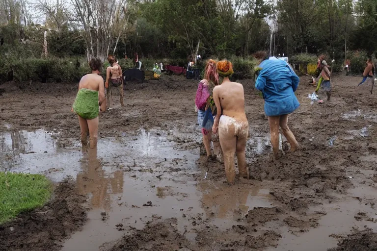 Prompt: hippies wallowing in a mud puddle