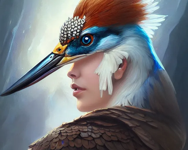 Image similar to eye makeup inspired by a kingfisher, deep focus, d & d, fantasy, intricate, elegant, highly detailed, digital painting, artstation, concept art, matte, sharp focus, illustration, hearthstone, art by artgerm and greg rutkowski and alphonse mucha