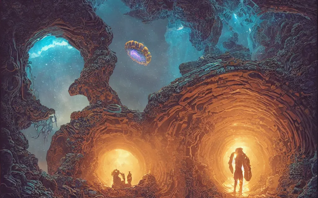 Image similar to a beautiful ultradetailed comic cover art of a gigantic carved stone-arched ancient portal to cosmic nebulae, with glowing jellyfish creatures flying around, by Laurie Greasley and Peter Mohrbacher and Quentine Mabilles and Dan Mumford, tarot card art, detailed, cyberpunk, dramatic lighting
