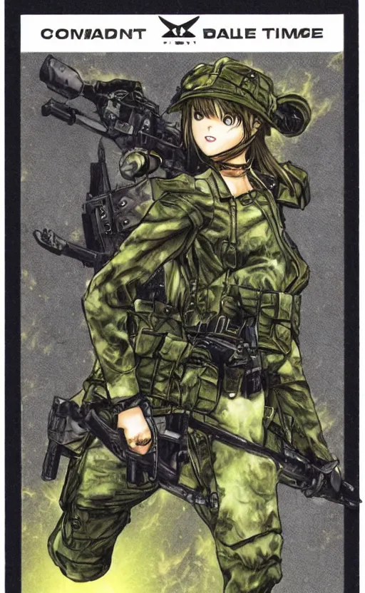 Prompt: girl, trading card front, soldier clothing, combat gear, matte, illustration, by takeshi obata, green screen