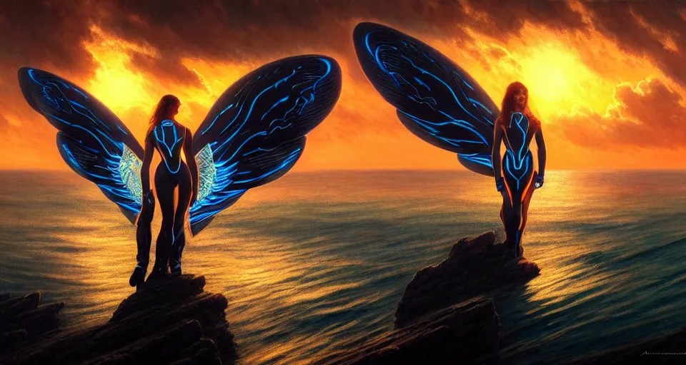 Image similar to tron wings in front sunset, cliffside ocean scene, backlit, aesthetic, diffuse lighting, hyper realistic, elegant, intricate, hyper detailed, smooth, sharp focus, concept art, illustration, trending on artstation, art by artem demura, greg rutkowski, james gurney, and alphonse mucha