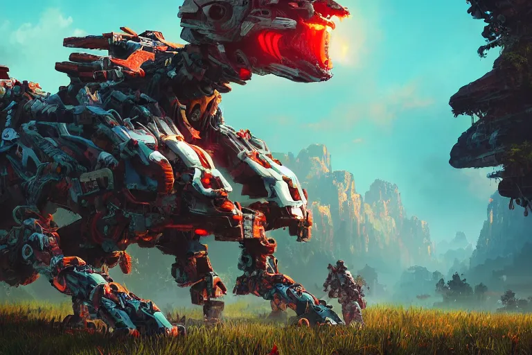 Image similar to ravager machine mecanical creature robot of horizon forbidden west horizon zero dawn radiating a glowing aura global illumination ray tracing hdr fanart arstation by ian pesty and alena aenami artworks in 4 k