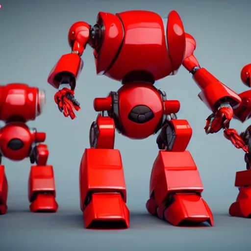 Image similar to small robot characters in red, warzone, octane render