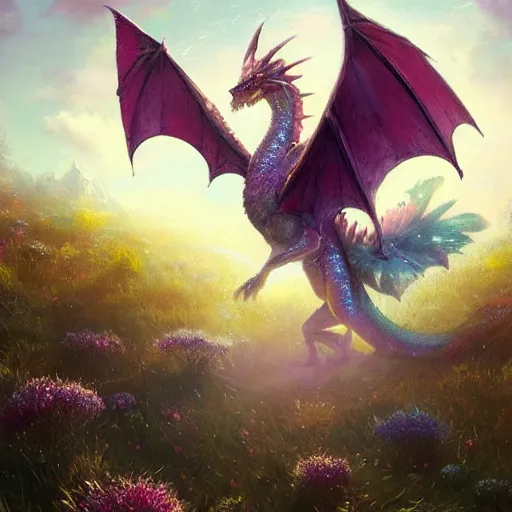 Image similar to beautiful digital fantasy illustration of a closeup adorable giant fluffy feathered sparkling pearlescent pastel dragon! sitting alone in a flower meadow, concept art by greg rutkowski, anato finnstark, and rebecca guay, highly detailed, soft lighting, rendered in octane