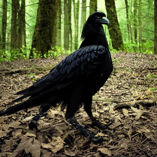 Image similar to werecreature consisting of a human and crow, photograph captured in a forest