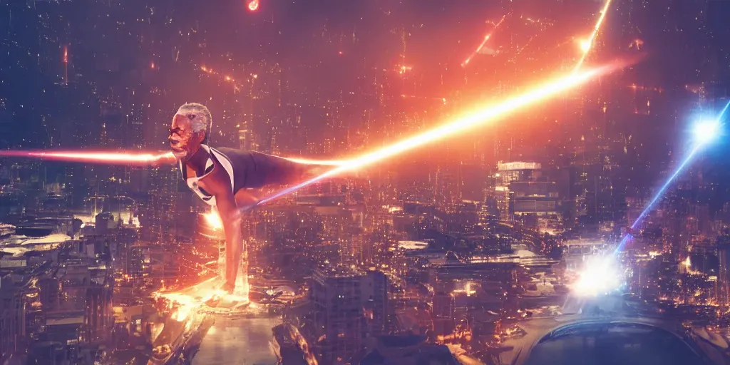 Image similar to gigantic morgan freeman doing a bridge handstand while destroying a city with lasers in his eyes, night, realism, 4 k, octane render, award winning photograph