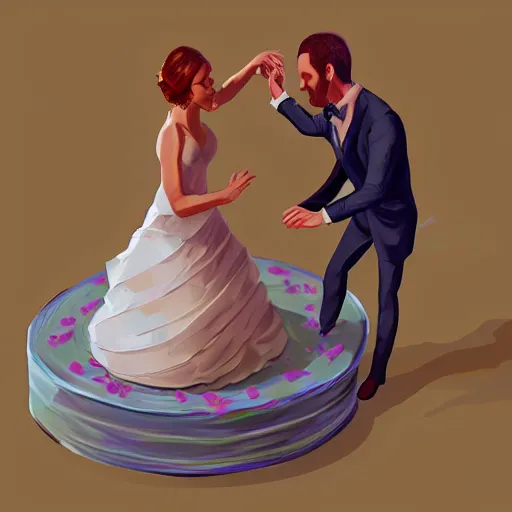 Image similar to exaggerated image of a bride and groom dancing on top of a cake, a rotoscoped image, rotoscoping, digital art, artstation, award winning image