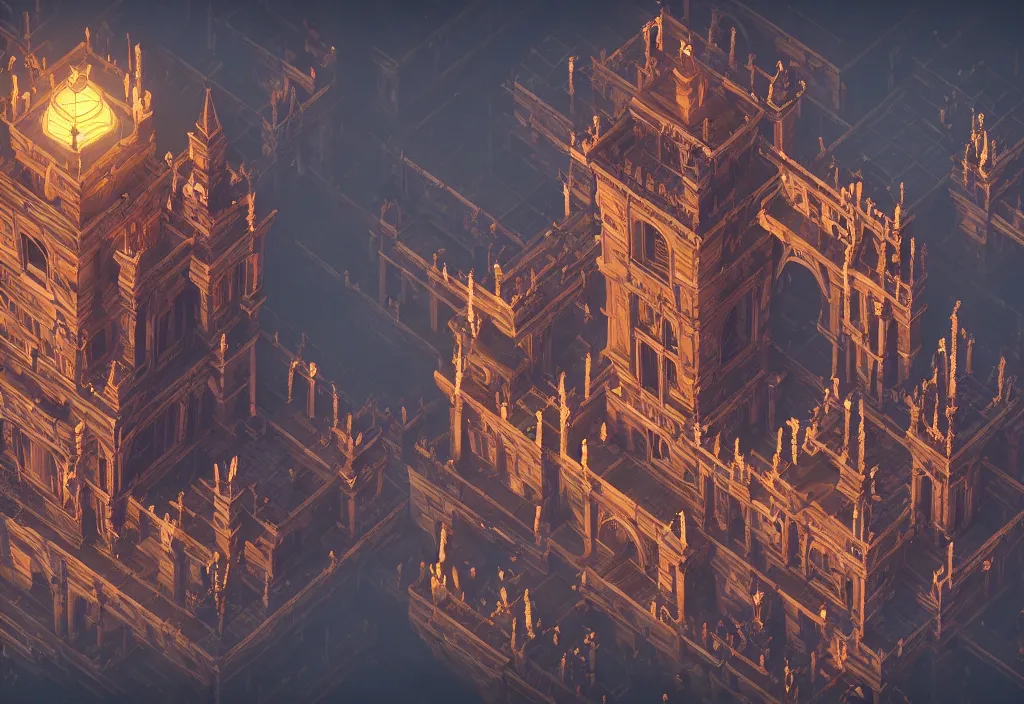 Image similar to isometric magicavoxel Bloodborne layered tower cinematic lighting, 4k