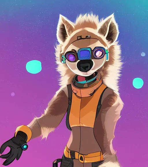 Image similar to digital artwork of furry female hyena, in style of zootopia, fursona, furry, furaffinity, deviantart, wearing astronaut outfit, floating in space, space background, cyberpunk, detailed face, style of artgerm,