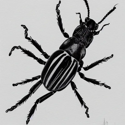 Prompt: horned beetle, black and white, botanical illustration, black ink on white paper, bold lines