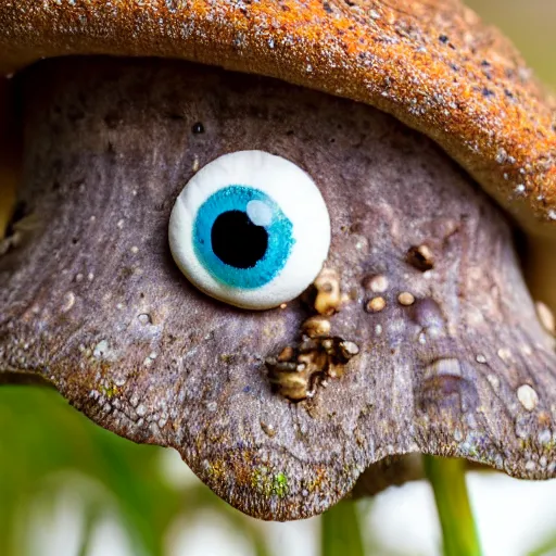 Image similar to macro photo with a singular mushroom character with cute eyes and mycelium, very close to real nature, natural colors and natural surroundings, painted patterns and coloring on mushrooms, 8K, highly detailed, cartoon