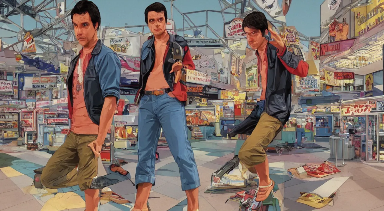 Image similar to GTA V illustration of 1980s Ralph Macchio on the cover of GTA V, in the food court of a 1980’s shopping mall