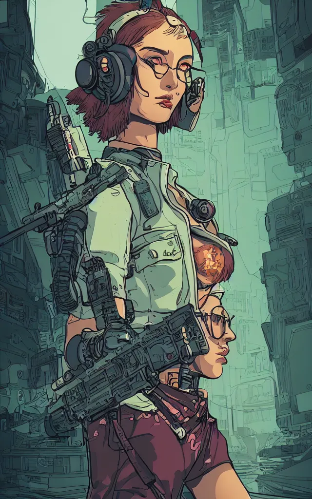 Prompt: very detailed, prophet graphic novel, ilya kuvshinov, mcbess, rutkowski, simon roy, illustration of a cyberpunk military woman, colorful, cinematic composition, studio lighting