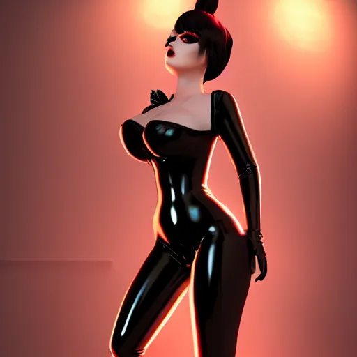 Prompt: curvy feminine goth bombshell in an elaborate polished latex outfit, thin waist, cgsociety, photorealistic, sublime ambience, idealistic, 16k, smooth, sharp focus, trending on ArtStation, volumetric lighting