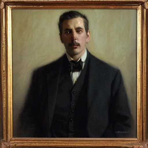 Image similar to detailed portrait of man in black suit and black coat, spring light, painting by gaston bussiere, craig mullins, j. c. leyendecker