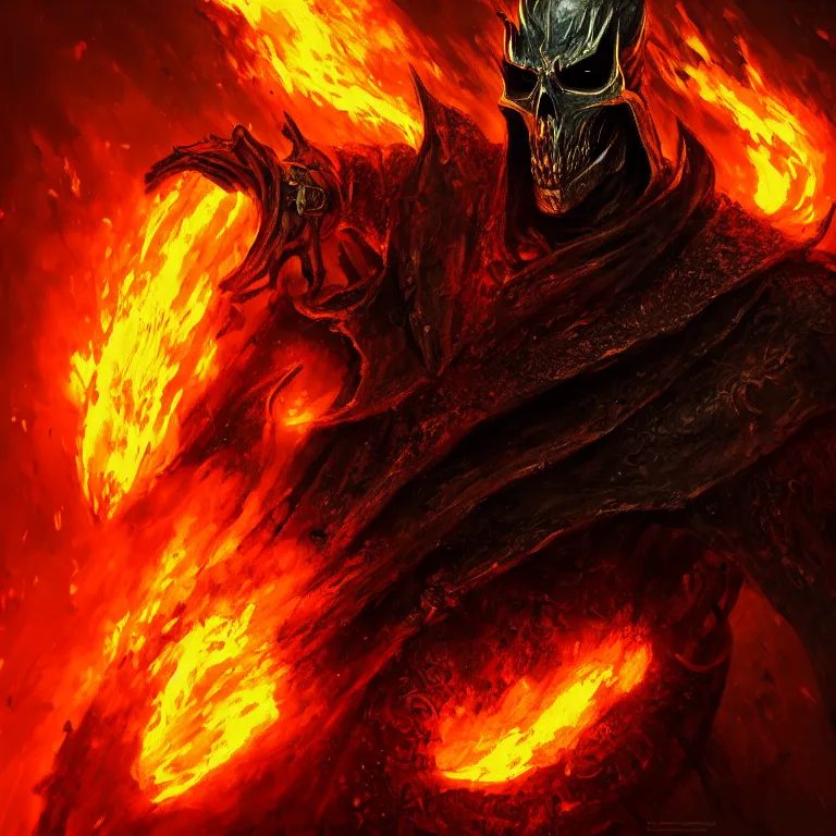 Image similar to Ghost Rider, flaming grim reaper, demons of hell, the pits of hell, headshot photo, character concept, dark souls concept art, Feng Zhu concept art, dramatic lighting, highly stylized, trending on artstation, high-quality wallpaper, desktopography