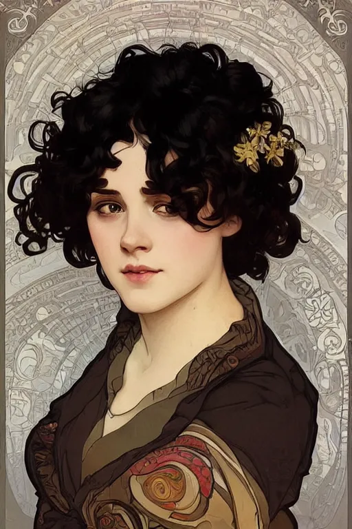 Image similar to beautiful cottagecore of a girl with short black curly hair, round face, cute face. intricate, elegant. highly detailed, digital painting, artstation, concept art, smooth, sharp, focus, illustration. art by alphonse mucha