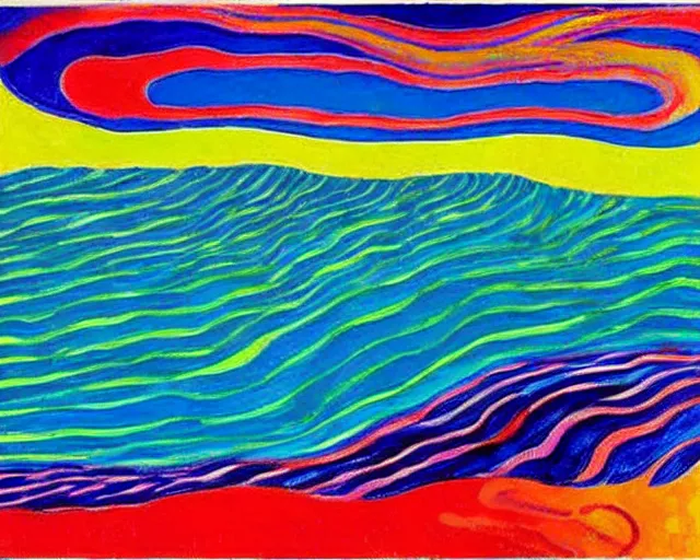 Image similar to Ocean waves in a psychedelic dream world. DMT. Curving rivers. Craggy mountains. Landscape painting by Edvard Munch. David Hockney. Wayne Thiebaud.