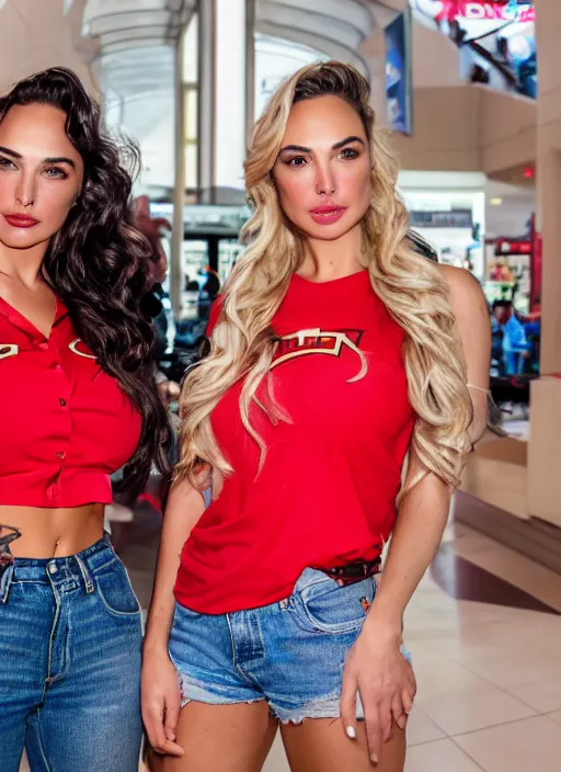 Image similar to portrait of lindsey pelas and gal gadot wearing red shirt and jean shorts in a mall, by charlotte grimm, natural light, detailed face, beautiful features, symmetrical, canon eos c 3 0 0, ƒ 1. 8, 3 5 mm, 8 k, medium - format print, half body shot
