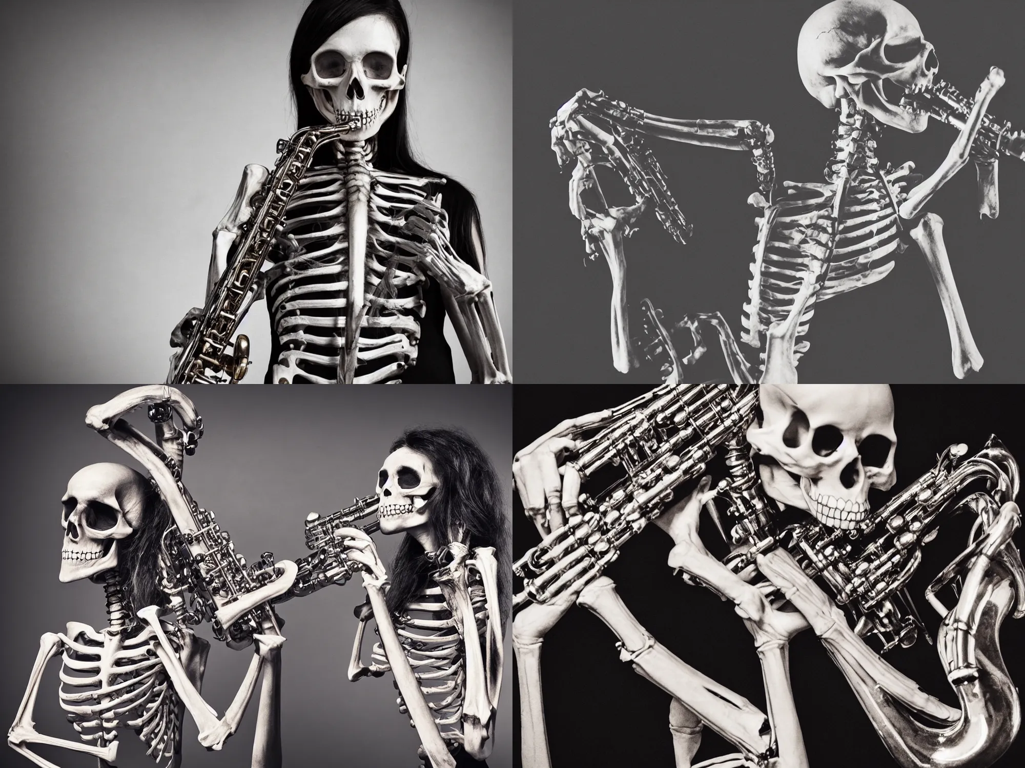 Prompt: award - winning photo of female skeleton playing saxophone