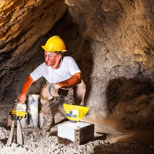 Prompt: pepe the miner in a cave, workers, construction, mining, rocks