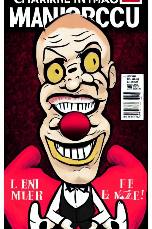 Prompt: charlie hebdo cover of macron dressed as a clown, caricature, silly