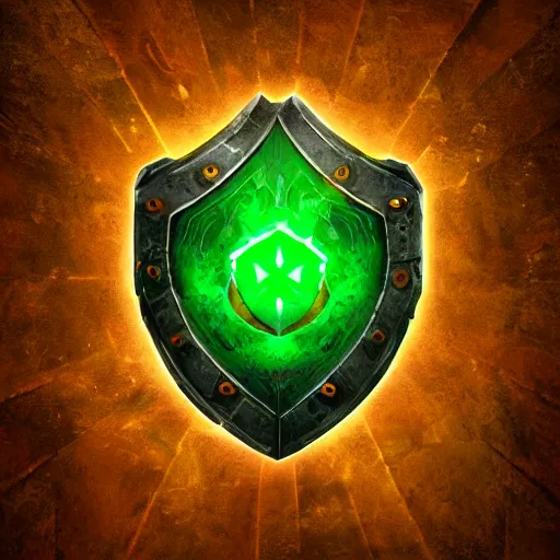 Image similar to green medieval shield, powerful fantasy epic legends, game icon stylized, digital illustration radiating, a glowing aura, global illumination, ray tracing, 8 k high definition, intricate details, octane render, unreal engine, trending on arstation