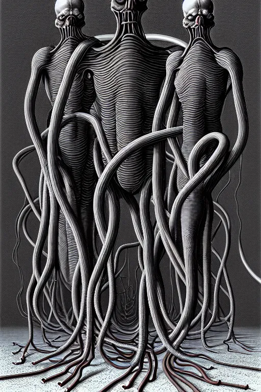 Prompt: thick tangled grey pipes and hoses which resemble human bodies by thomas ligotti and wayne barlowe