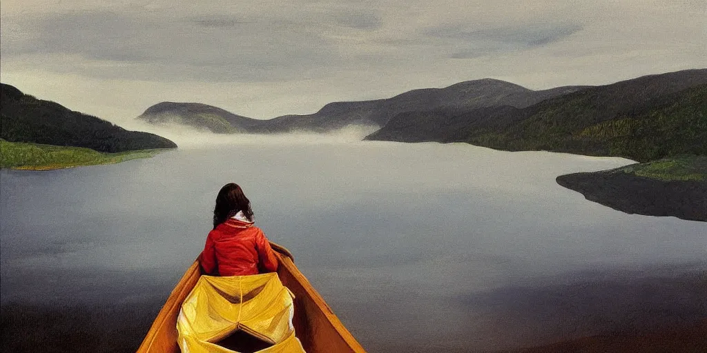 Prompt: “ a girl sitting in canoe on the hudson river drinking beer, mountains in fog background, vibrant colors, sharp detail, oil painting, by andrew wyeth ”