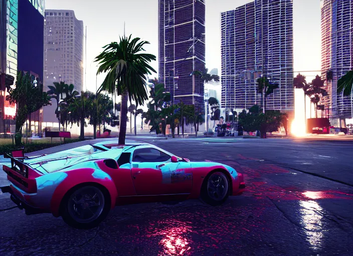 Image similar to still next - gen ps 5 game grand theft auto 6 2 0 2 4 remaster, graphics mods, rain, red sunset, people, rtx reflections, gta vi, miami, palms and miami buildings, photorealistic screenshot, unreal engine, 4 k, 5 0 mm bokeh, close - up generic sports car, gta vice city remastered, artstation